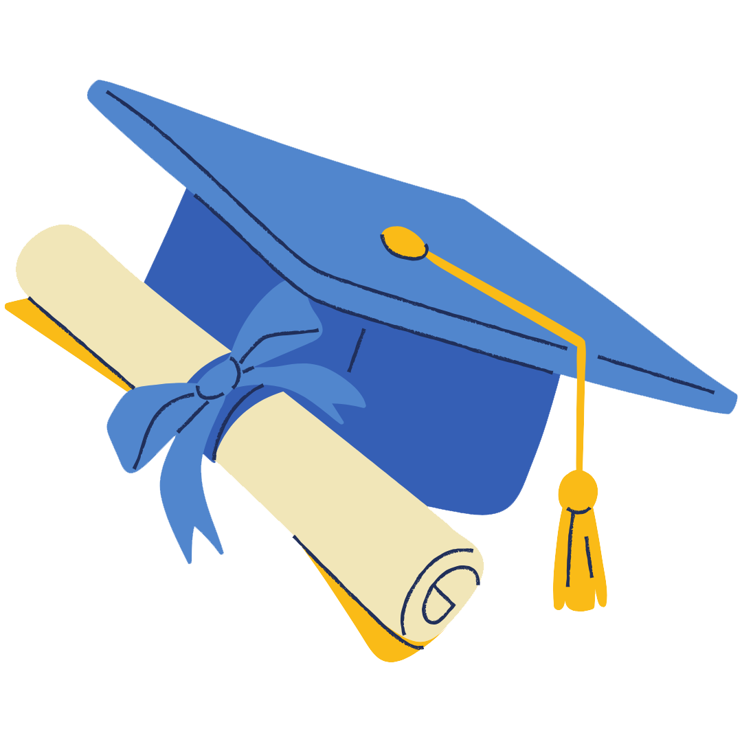 Graduation cap and scroll icon.